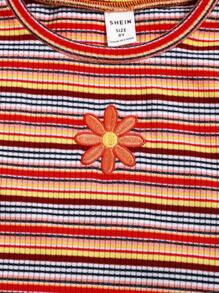 SHEIN Tween Girl Striped & Floral Embroidery Lettuce Trim Tee - Multicolor - View 4