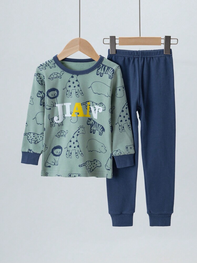 男孩長袖上衣和褲子動物印花家居服裝套裝，適用於春季/秋季/冬季 - 綠色 - 查看 1
