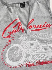 SHEIN EZwear Motorcycle And Monogram Notched Neckline Cropped Tank Top - Light Grey - View 3