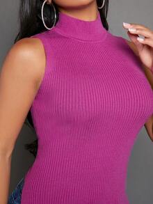 SHEIN SXY High Neck Split Hem Ribbed Knit Top - Purple - View 5