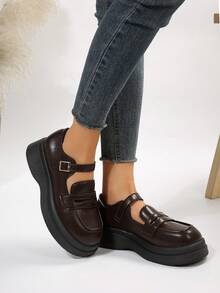 女性復古防水台瑪麗珍鞋帶坡跟跟和寬肩帶 - 巧克力棕 - 查看 1