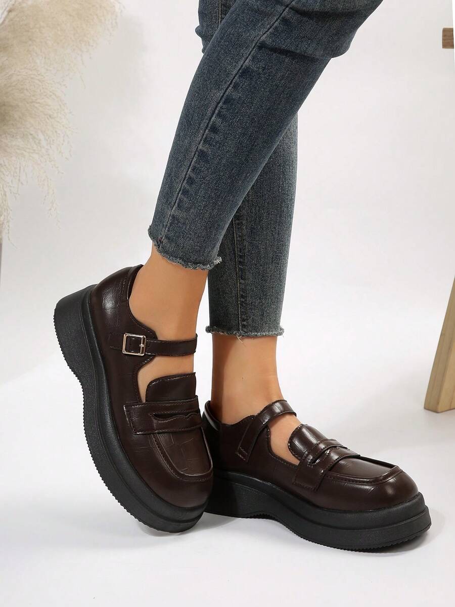 女性復古防水台瑪麗珍鞋帶坡跟跟和寬肩帶 - 巧克力棕 - 查看 1