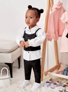 SHEIN Đứa bé gái 3pcs Thời gian rảnh rỗi Áo sơ mi , Da giả Dải mỏng Áo ba lỗ , Eo đàn hồi Dài Quần Bộ - Đen và trắng - Xem 5