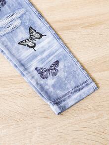 SHEIN 女小童蝴蝶和字母圖案連帽衫&牛仔效果牛仔褲