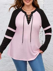 SHEIN LUNE 大碼撞色前繫帶插肩袖T恤 - 彩色 - 查看 5