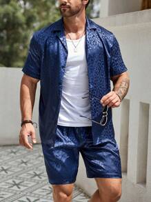 Manfinity Homme Men Leopard Jacquard Shirt & Shorts - Navy Blue - View 4
