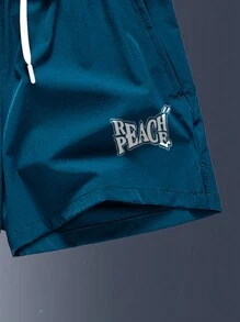 Men Letter Graphic Drawstring Waist Shorts - Blue - View 4
