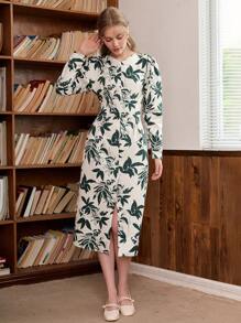 SHEIN Privé Sợi viscose In Bọc Váy sơ mi - Màu xanh lá cây đậm - Xem 4