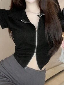 Kaos Kasual Lengan Pendek Model Crop Tanpa Lengan Leher Bulat Warna Polos Desain Resleting Ganda Musim Panas Warna Hitam - Hitam - View 5