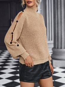 SHEIN LUNE Mock Neck Button Detail Raglan Sleeve Knit Pullover Fall Winter Sweater - Khaki - View 4
