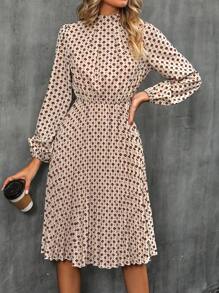 SHEIN LUNE Allover Print Mock Neck Pleated Hem Dress - Apricot - View 2