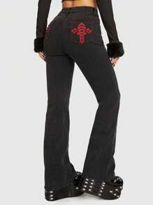 ROMWE Grunge Punk Cross Embroidery Flare Leg Jeans - Black - View 3