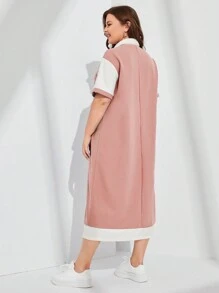 Mulvari Hơn Thư được vá Cổ áo tương phản Cổ Polo Váy áo thun - Màu Hồng  San hô - Xem 2