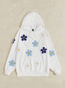 SHEIN EZwear 花卉贴片袋鼠口袋落肩抽绳连帽衫，长袖上衣 - 白色 - 查看 5
