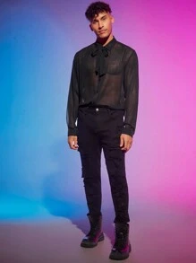 Manfinity Fever City Hombres Camisa de cuello con cordón transparente de gasa - Negro - Ver 3