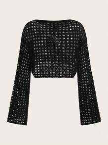 SHEIN ICON 素色鏤空短款毛衣不附胸罩 - 黑色 - 查看 2