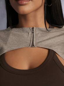 SHEIN PETITE 素色超短版開襟衫不附抹胸 - 卡其色 - 查看 5