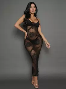 SHEIN SXY Floral Pattern Sheer Mesh Bodycon Dress Without Lingerie Set - Black - View 4