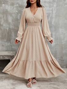 SHEIN LUNE 瑞士圆点荷叶边袖荷叶边下摆长款连衣裙女装