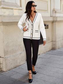 EURMUSE Áo khoác cardigan dệt kim dài tay trễ vai, túi thường ngày cho nữ, Thu/Đông - trắng - Xem 4