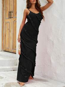 Spring And Summer Women Split Thigh Cami Suspender Dresses - Black - View 5