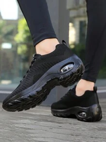 女性透氣舒適運動鞋帶氣墊鞋底,輕便,防滑,黑色跑步鞋,休閒步行鞋 - 黑色 - 查看 4