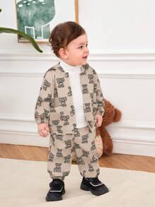 SHEIN Bimbo carino orso stampata maniche lunghe con cappuccio Giacche e Pantaloni affusolati Set - Cachi - Visualizzare 1