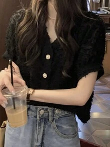 女士V领泡泡短袖夏季衬衫 黑色 - 黑色 - 查看 3