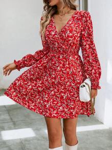 SHEIN Holidaya 休閒交叉 打褶全身印花女士連衣裙 - 紅色 - 查看 1