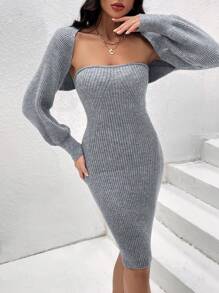 Chiquease Solid Tube Sweater Dress & Bolero - Grey - View 1