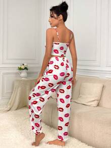 Lip Print Cami Top & Pants PJ Set / Pajama Set White Set Bridallingerie - White - View 2