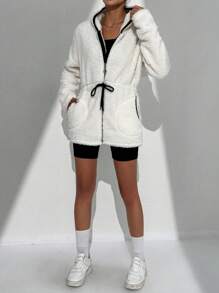 EURMUSE Contrast Binding Drawstring Waist Hooded Teddy Coat - White - View 4