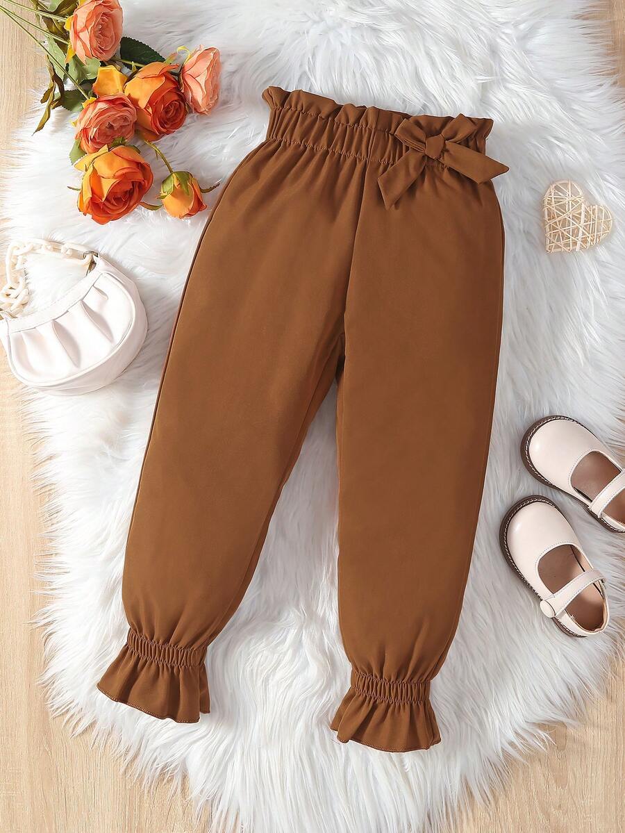 SHEIN Cô Gái Trẻ Nếp gấp cao eo Nơ mặt trước Viền Flounce Quần - màu nâu - Xem 1