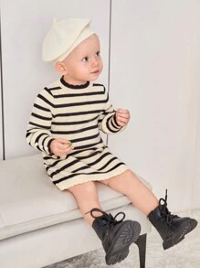 SHEIN 女嬰休閒寬鬆適合長袖圓領套頭衫條紋圖案毛衣洋裝 - 彩色 - 查看 3