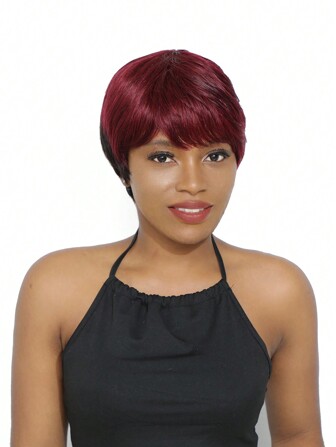 NATURAL/99JC Short Wig With Bangs Pixie Cut Bangs Wig Human Hair Machine Made Wig