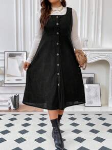 Flirla Hơn Nút phía trước Đầm Tổng thể Without Tee - màu đen - Xem 4