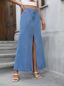 SHEIN Privé Split Thigh Denim Skirt - Blue - View 7