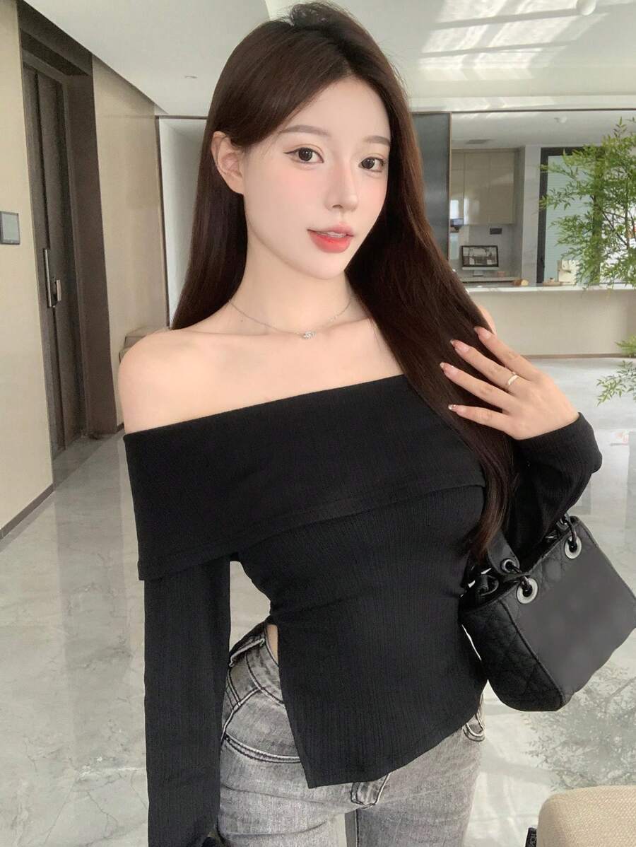 DAZY Top a maniche lunghe con spalle scoperte, orlo spaccato, tinta unita