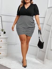 Celure Hơn In Houndstooth Ống tay áo Viền hoa tulip Đầm - màu đen - Xem 4
