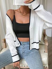 SHEIN Privé Contrast Binding Drop Shoulder Contrast Trim Cardigan - White - View 6