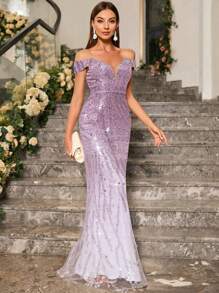 UNITHORSE 露肩美人鱼裙摆亮片正式礼服，优雅舞会晚宴婚礼宾客礼服，适合毕业典礼、晚宴、新娘礼服、生日等场合，春季女士服装 - 紫色 - 查看 5