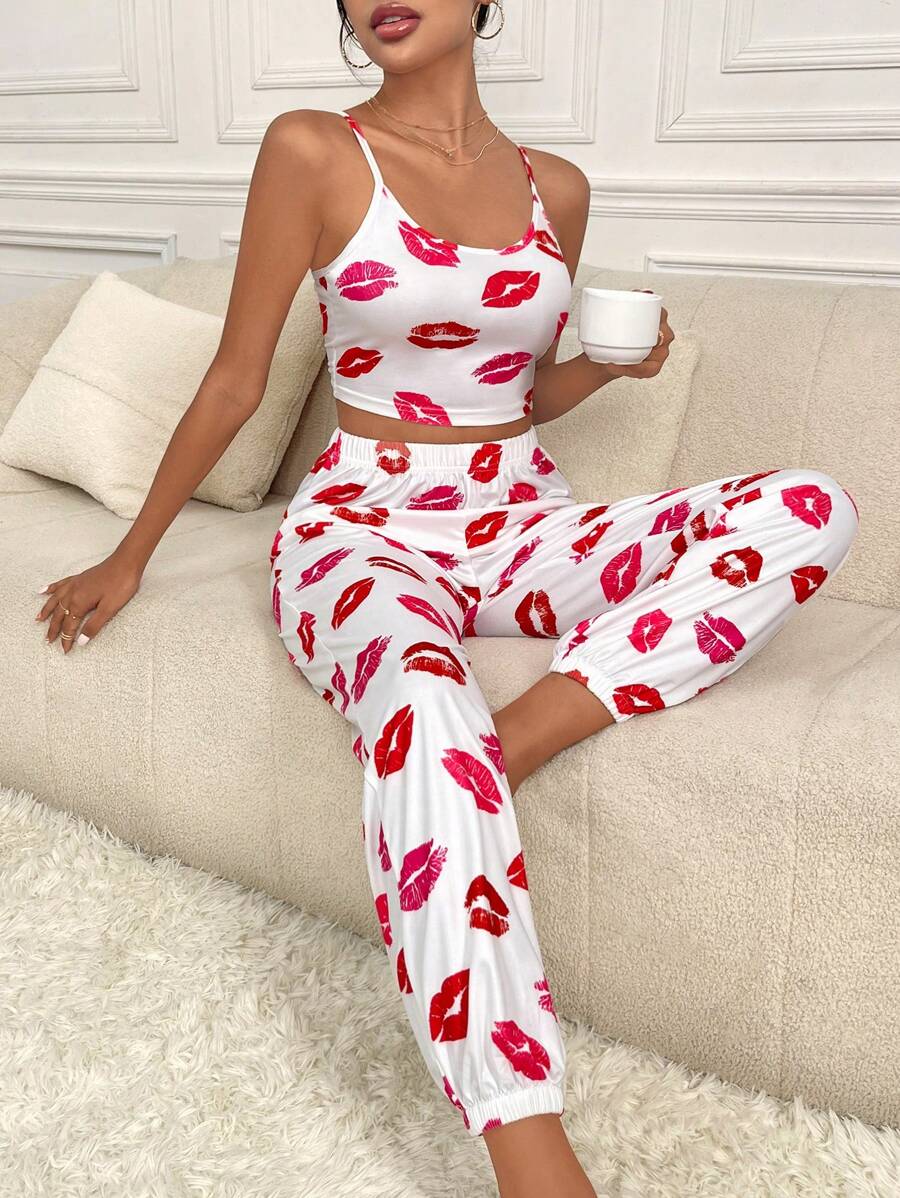 Lip Print Cami Top & Pants PJ Set / Pajama Set White Set Bridallingerie - White - View 1
