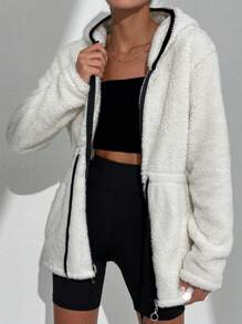 EURMUSE Contrast Binding Drawstring Waist Hooded Teddy Coat - White - View 5
