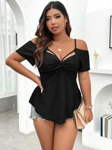 SHEIN Unity Camiseta casual de manga corta con hombros descubiertos, cintura acampanada y corte a la línea A, para uso al aire libre/vacaciones en talla grande con tejido elástico - Negro - Ver 4