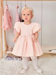 SHEIN Váy Bé Gái Dây kéo Nơ sau màu trơn - Màu Hồng  San hô - Xem 1