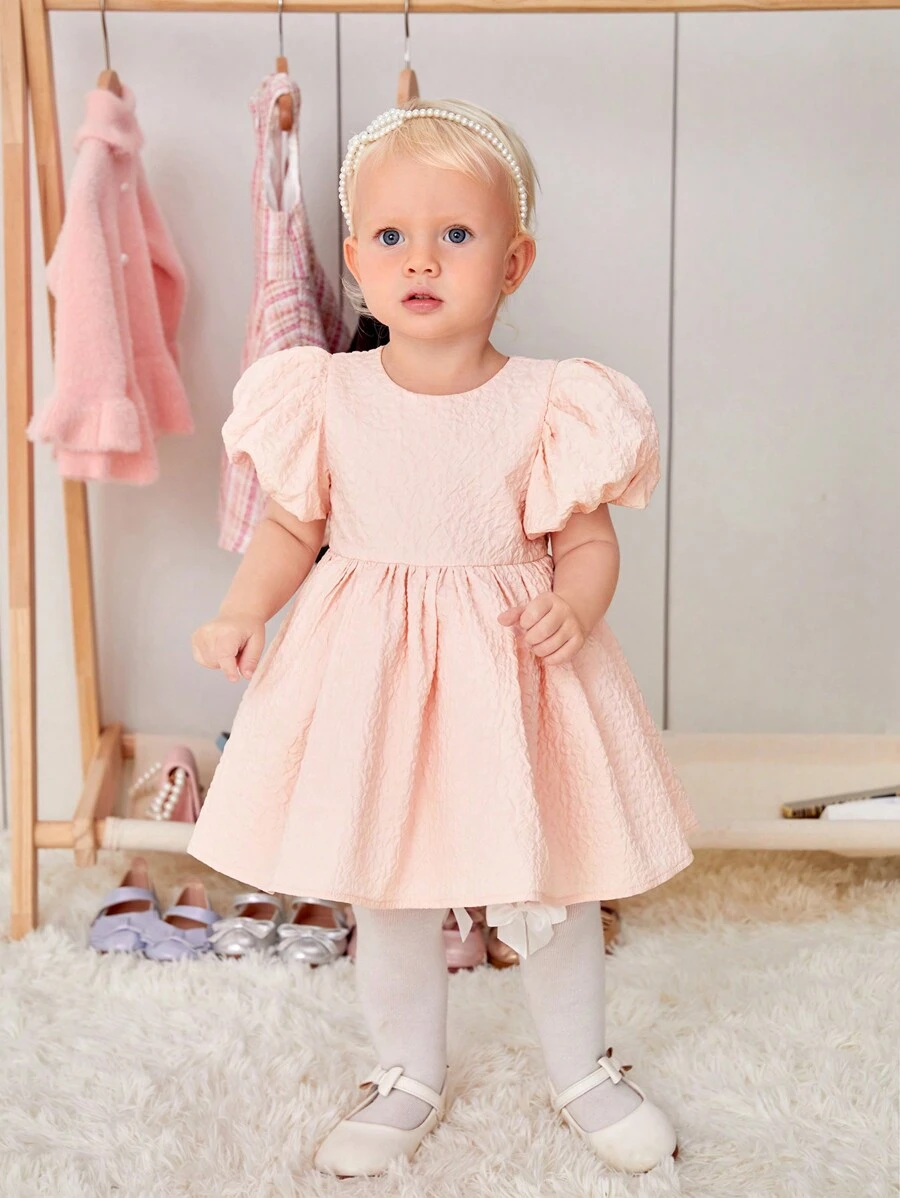 SHEIN Váy Bé Gái Dây kéo Nơ sau màu trơn - Màu Hồng  San hô - Xem 1