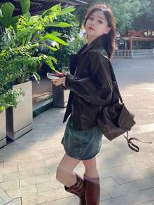 女士复古棕色仿皮夹克，休闲宽松长袖机车夹克，百搭秋季时尚 2025 韩版风格