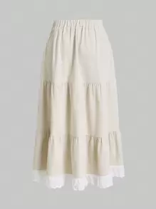 ROMWE Fairycore Falda con bordado floral con encaje en contraste bajo con fruncido - Beis - Ver 2