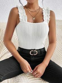 SHEIN Frenchy Solid Frill Trim Wide Strap Top - White - View 4