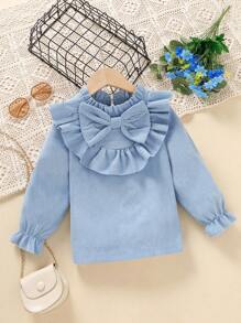 SHEIN Chica Joven Blusa ribete con fruncido de manga con volante con lazo delantero - Azul - Ver 1
